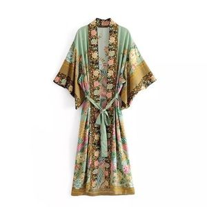 (Restocked) Boho Kimono Robe, Peacock in Gold Green